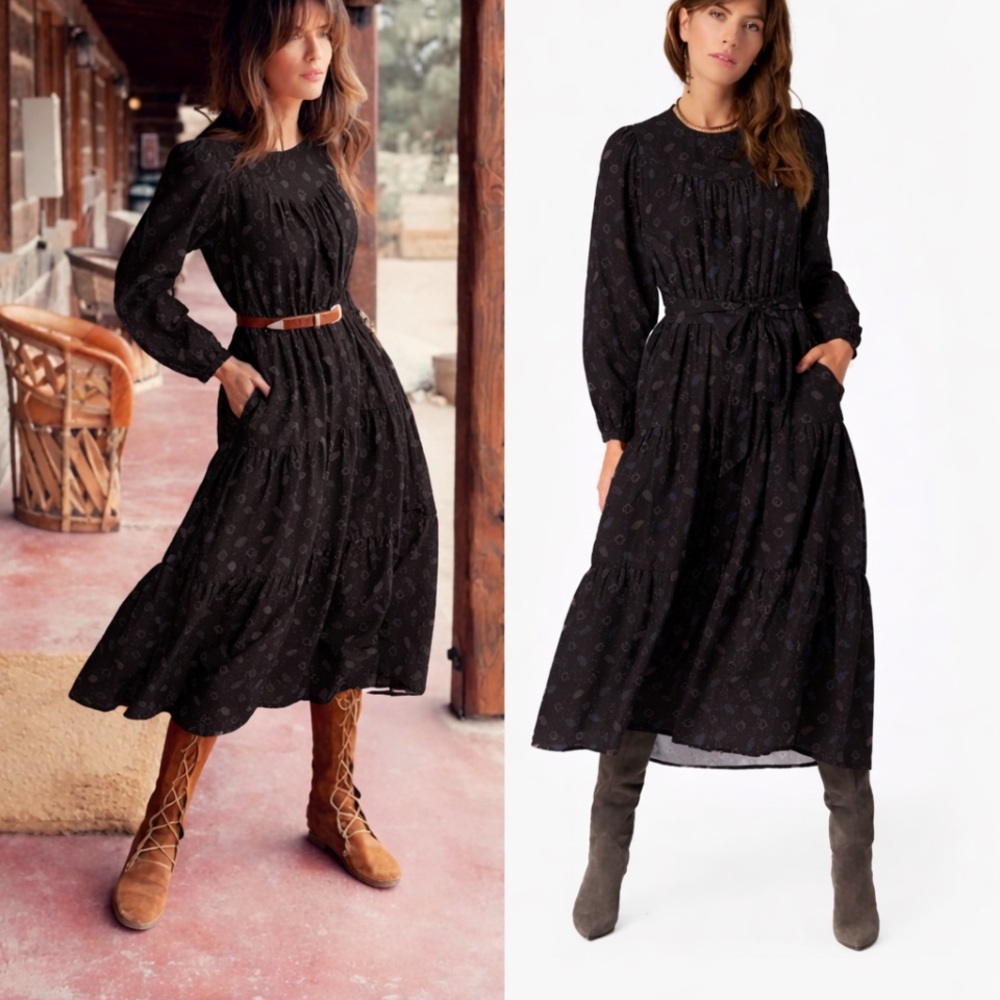 XIRENA Misty Silk
Cotton Blend Midi dress black  long sleeve boho $230 S print